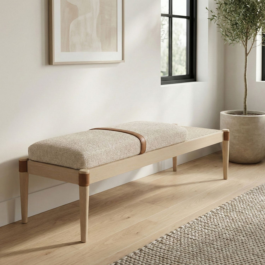 Nara Cane And Linen Textured Fabric Upholstered Bench — Beige / Painted Natural