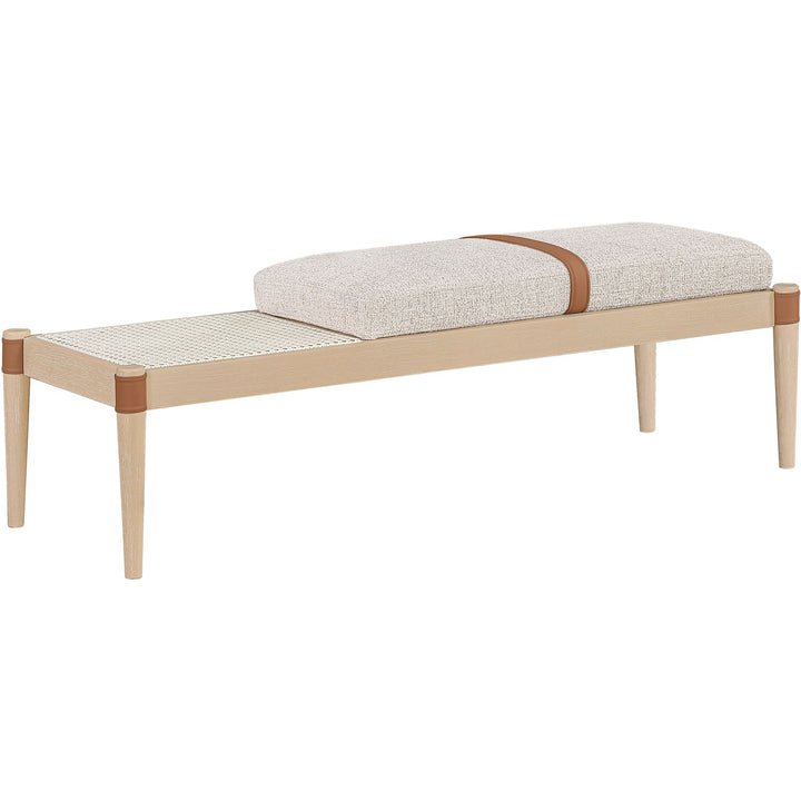 Nara Cane And Linen Textured Fabric Upholstered Bench — Beige / Painted Natural
