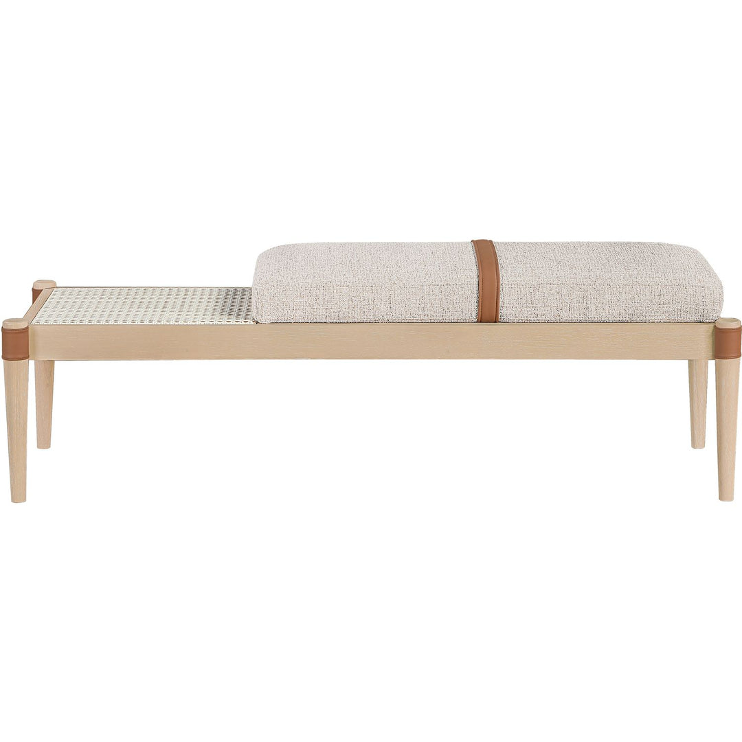 Nara Cane And Linen Textured Fabric Upholstered Bench — Beige / Painted Natural