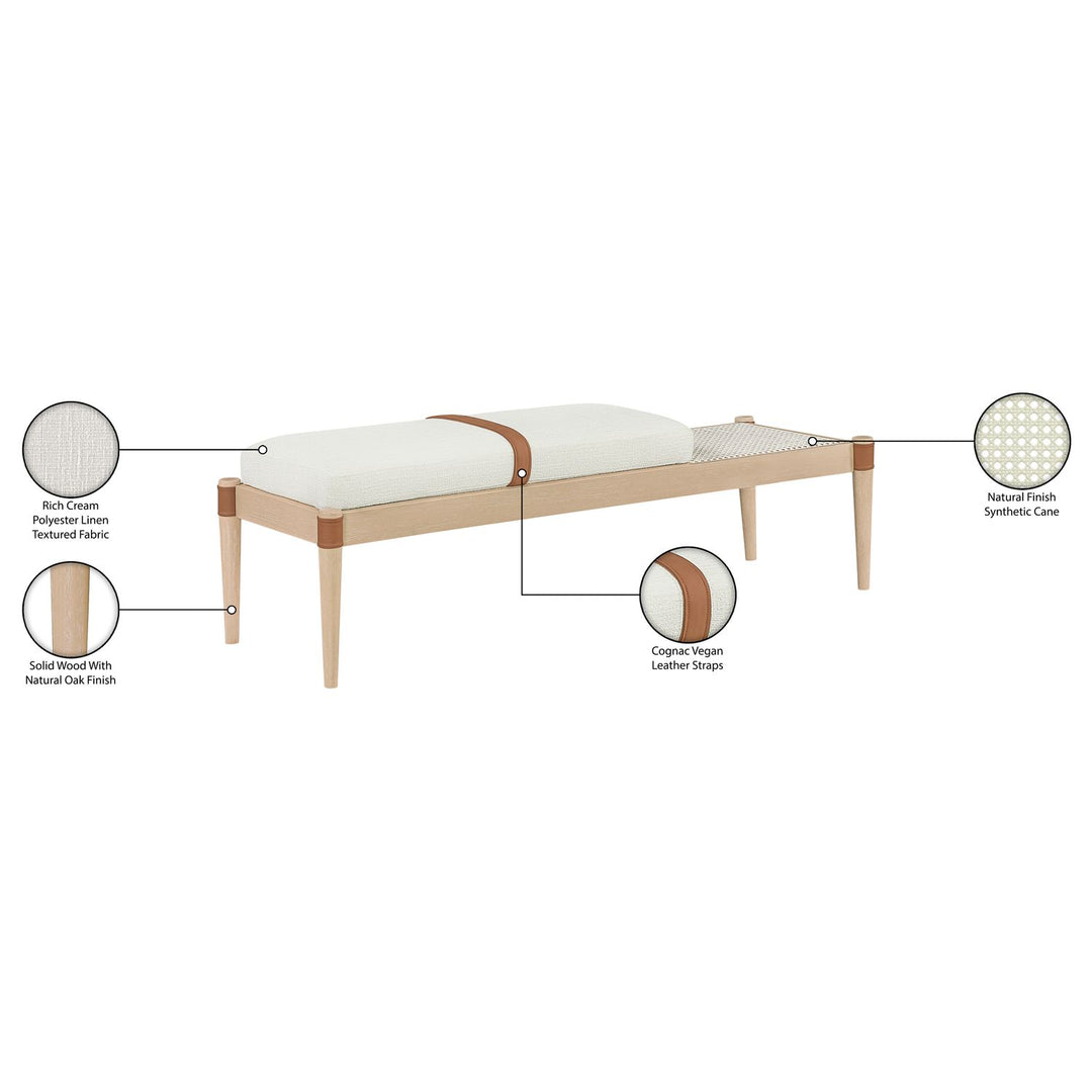 Nara Cane And Linen Textured Fabric Upholstered Bench — Cream / Painted Natural