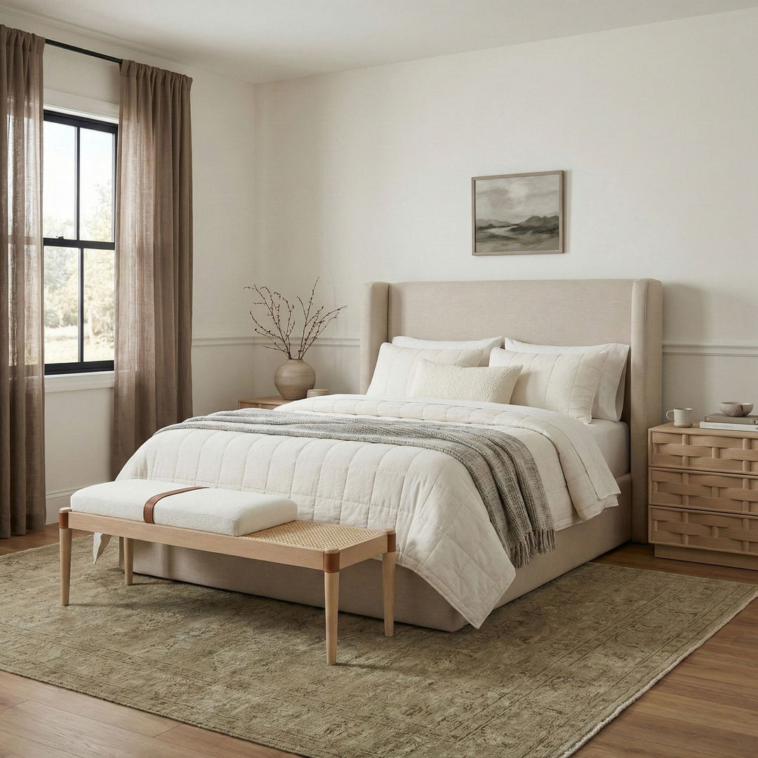 Nara Cane And Linen Textured Fabric Upholstered Bench — Cream / Painted Natural
