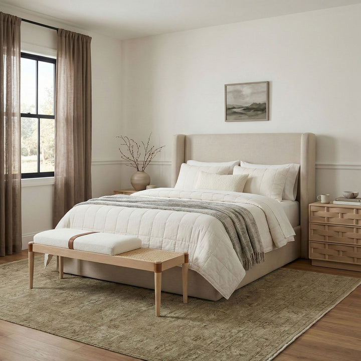 Nara Cane And Linen Textured Fabric Upholstered Bench — Cream / Painted Natural