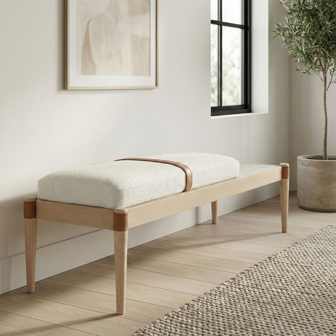 Nara Cane And Linen Textured Fabric Upholstered Bench — Cream / Painted Natural