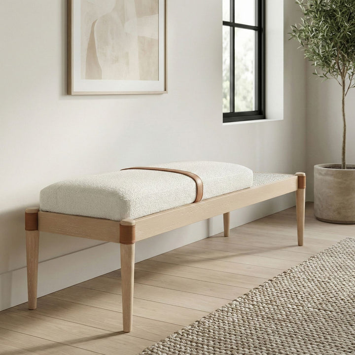 Nara Cane And Linen Textured Fabric Upholstered Bench — Cream / Painted Natural