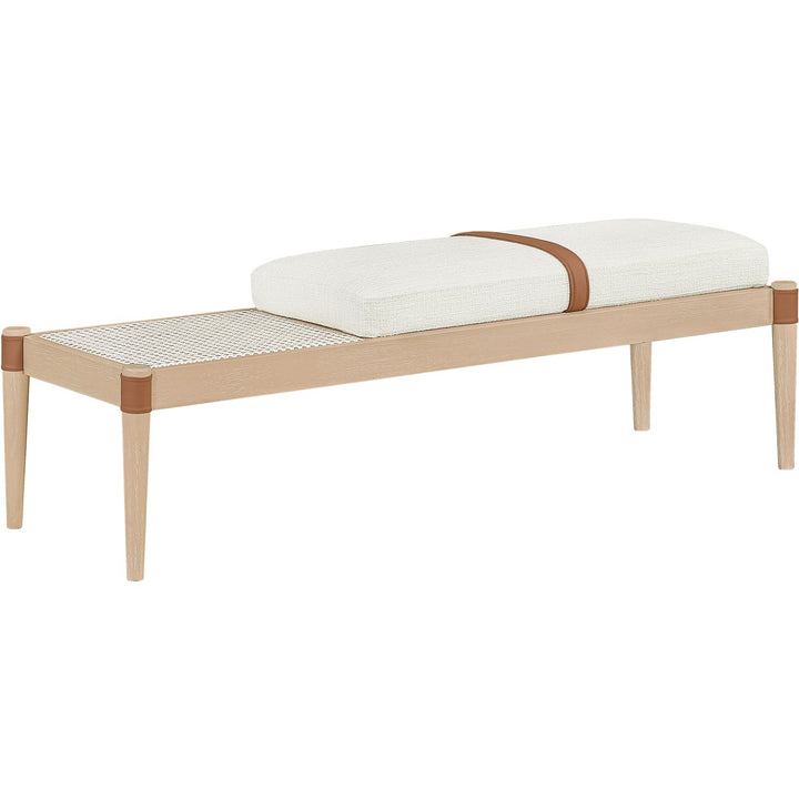 Nara Cane And Linen Textured Fabric Upholstered Bench — Cream / Painted Natural