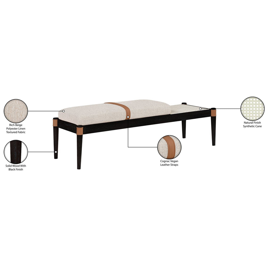 Nara Cane And Linen Textured Fabric Upholstered Bench — Beige / Painted Black