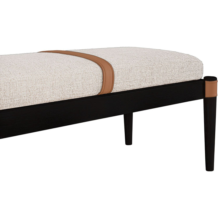 Nara Cane And Linen Textured Fabric Upholstered Bench — Beige / Painted Black