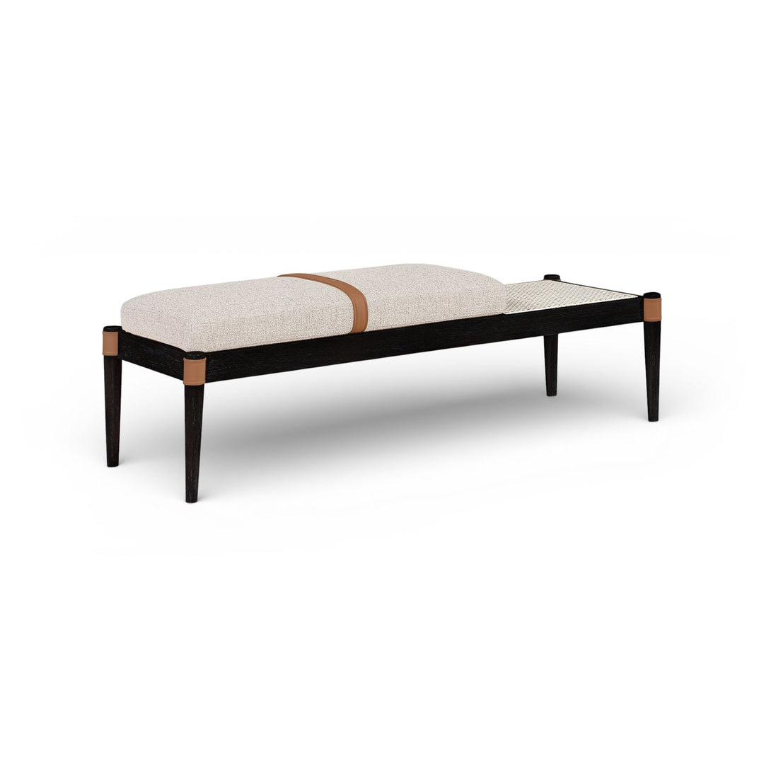 Nara Cane And Linen Textured Fabric Upholstered Bench — Beige / Painted Black