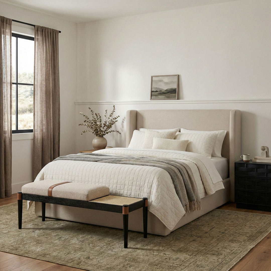 Nara Cane And Linen Textured Fabric Upholstered Bench — Beige / Painted Black