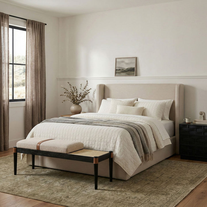 Nara Cane And Linen Textured Fabric Upholstered Bench — Beige / Painted Black