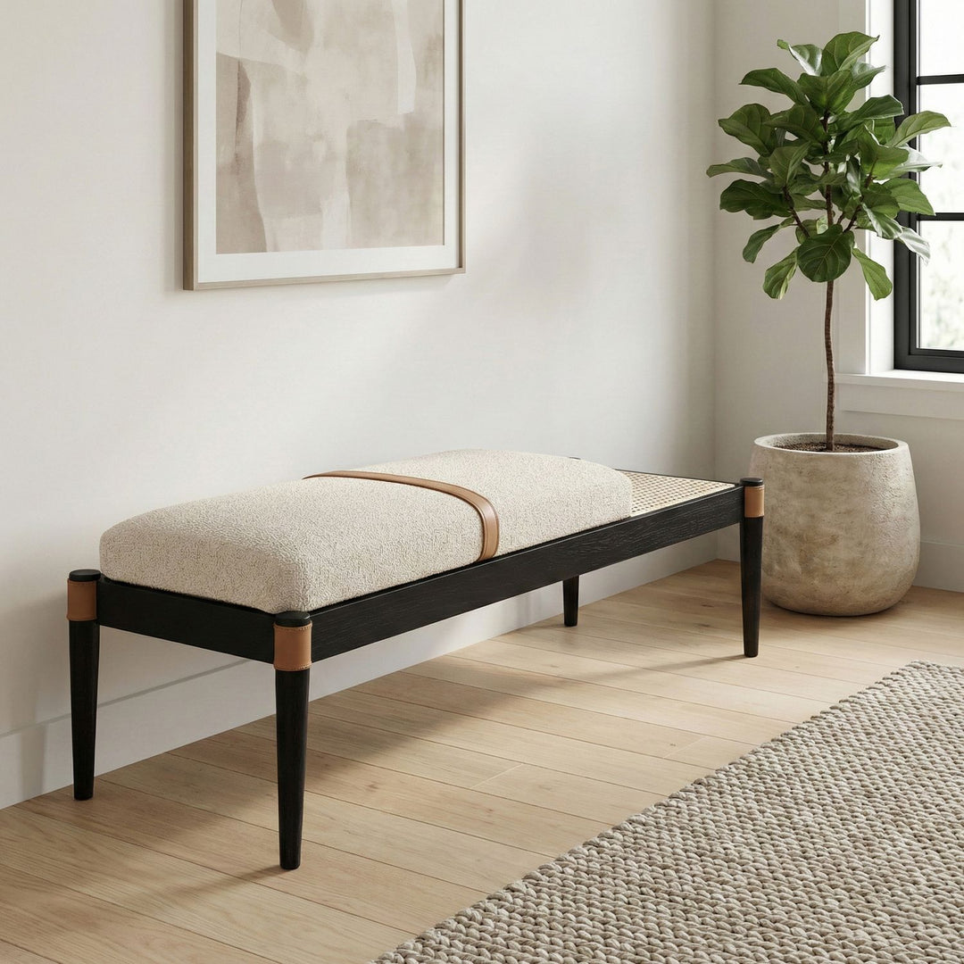 Nara Cane And Linen Textured Fabric Upholstered Bench — Beige / Painted Black