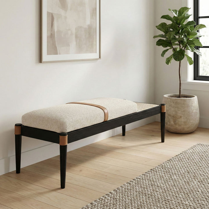 Nara Cane And Linen Textured Fabric Upholstered Bench — Beige / Painted Black