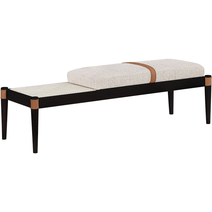 Nara Cane And Linen Textured Fabric Upholstered Bench — Beige / Painted Black