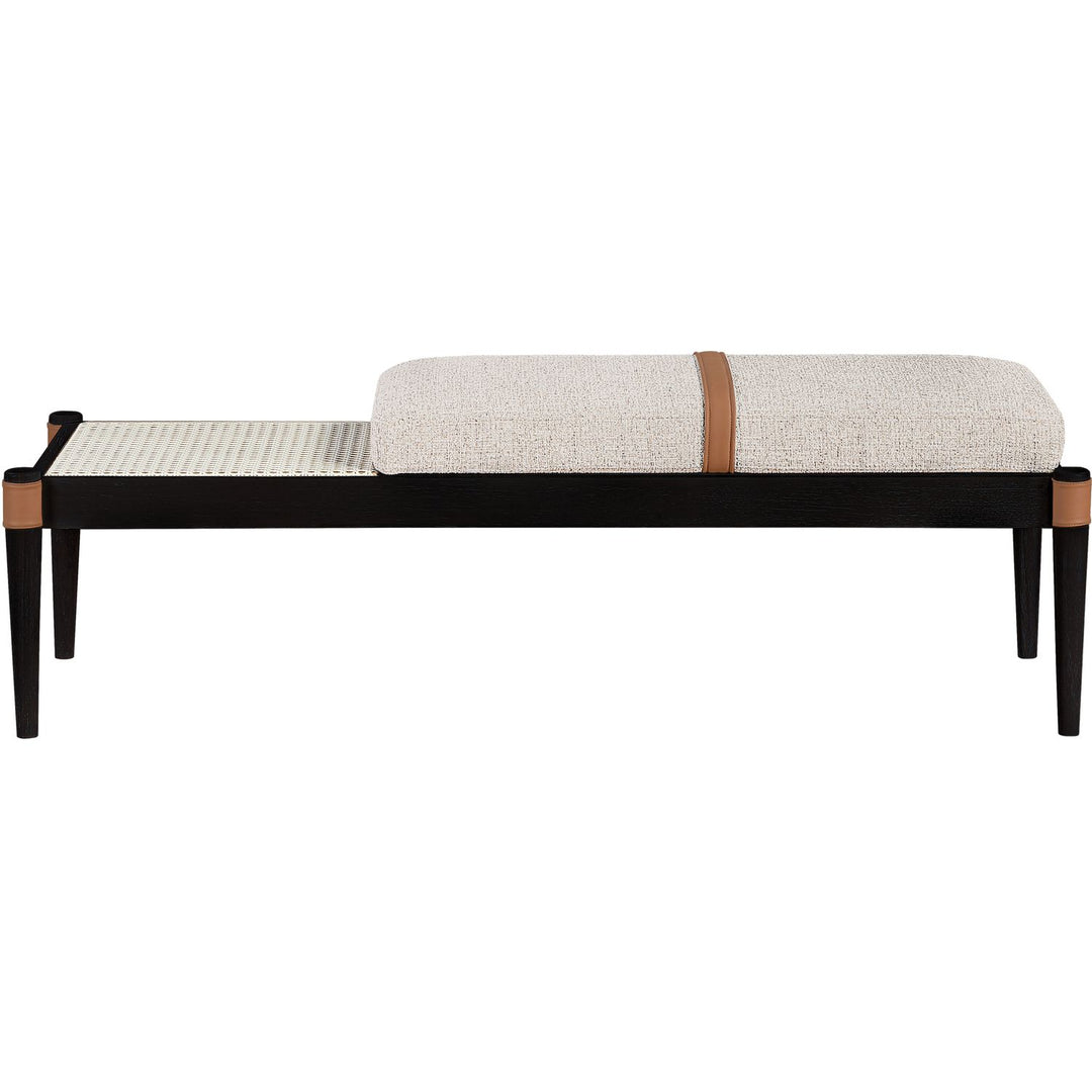 Nara Cane And Linen Textured Fabric Upholstered Bench — Beige / Painted Black