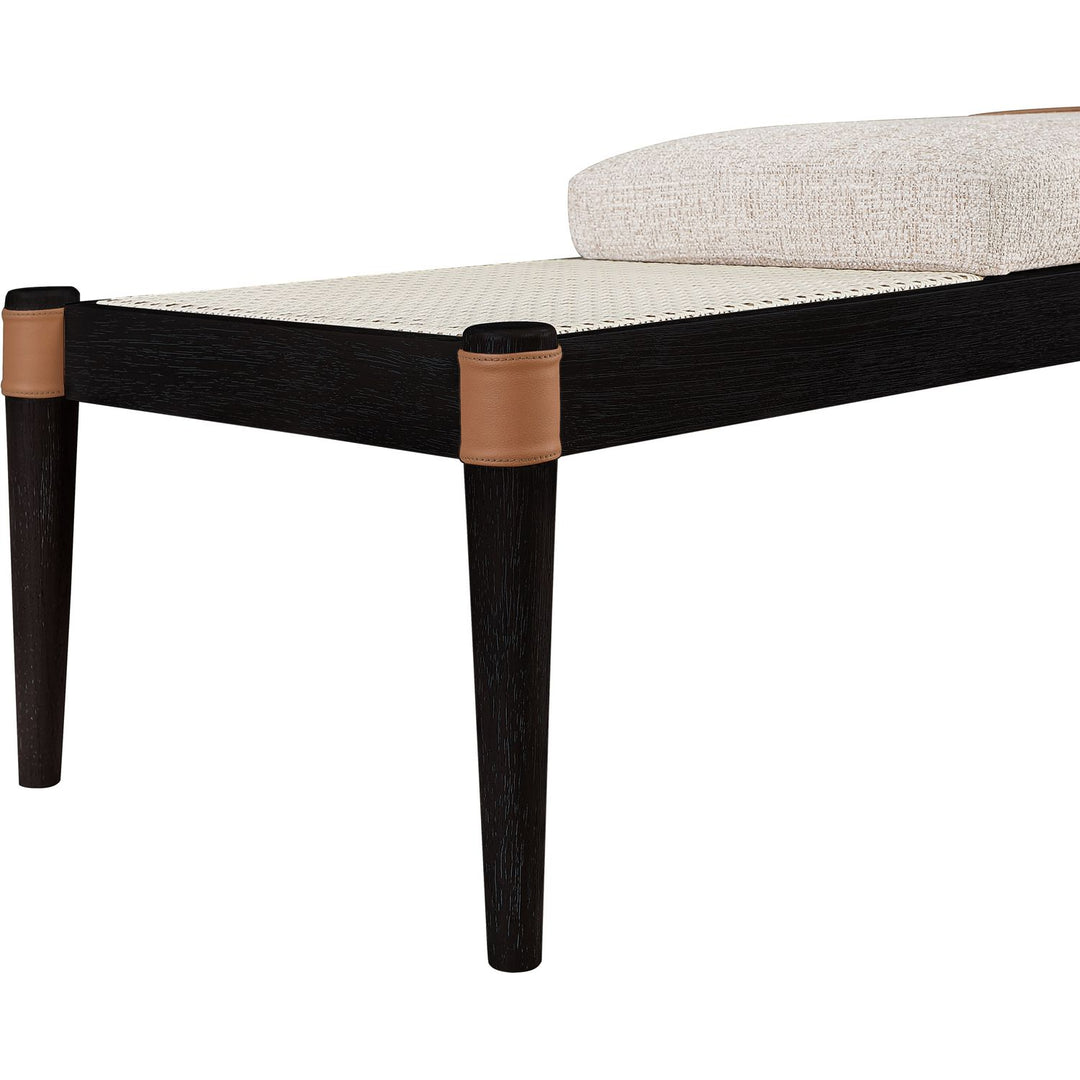 Nara Cane And Linen Textured Fabric Upholstered Bench — Beige / Painted Black