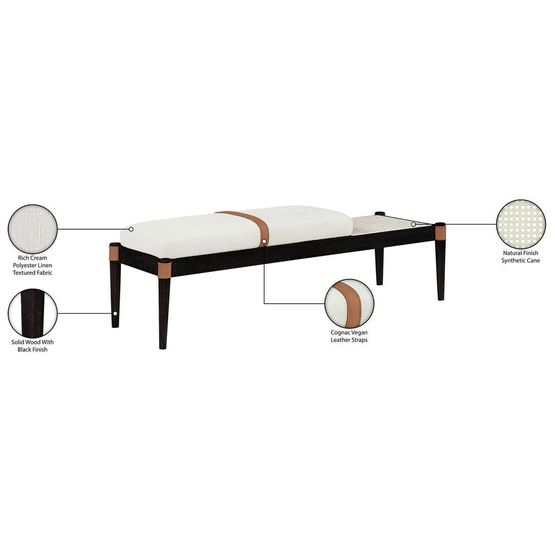 Nara Cane And Linen Textured Fabric Upholstered Bench — Cream / Painted Black