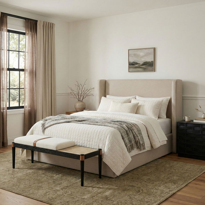 Nara Cane And Linen Textured Fabric Upholstered Bench — Cream / Painted Black