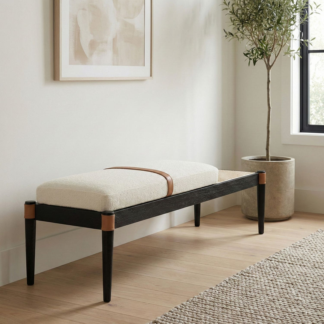 Nara Cane And Linen Textured Fabric Upholstered Bench — Cream / Painted Black