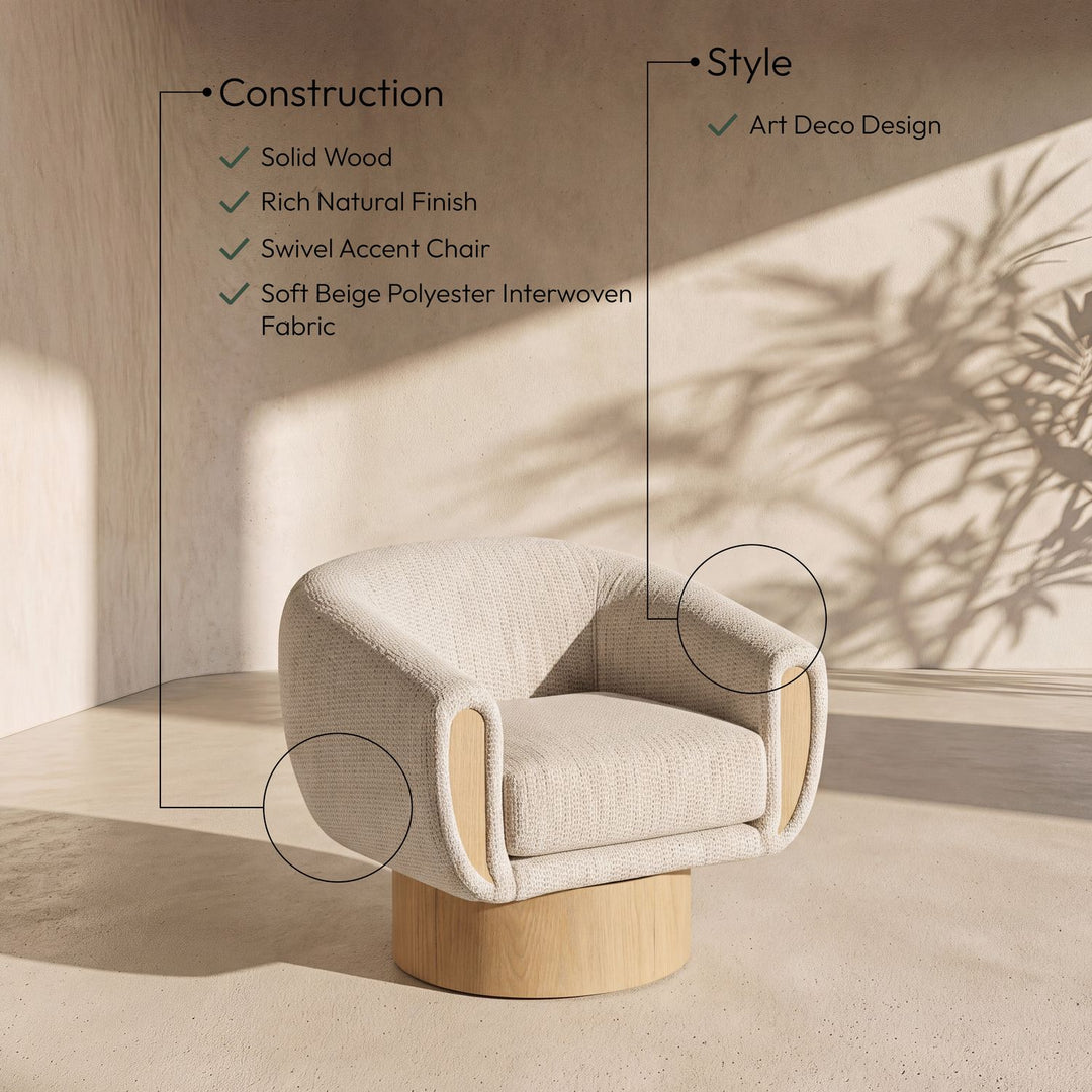 Avella Interwoven Fabric Upholstered Swivel Accent Chair — Beige / Stained Natural