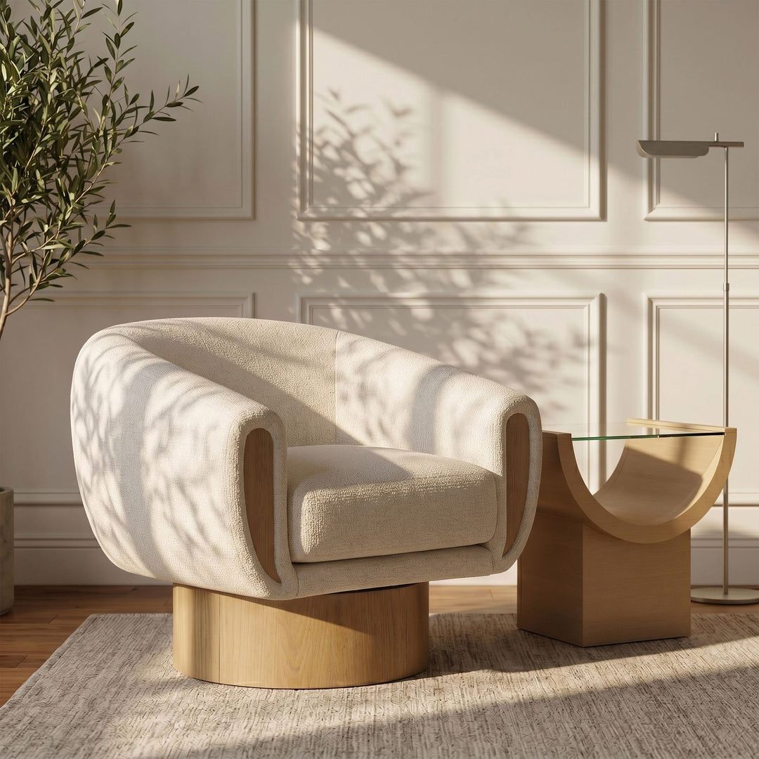 Avella Interwoven Fabric Upholstered Swivel Accent Chair — Cream / Stained Natural