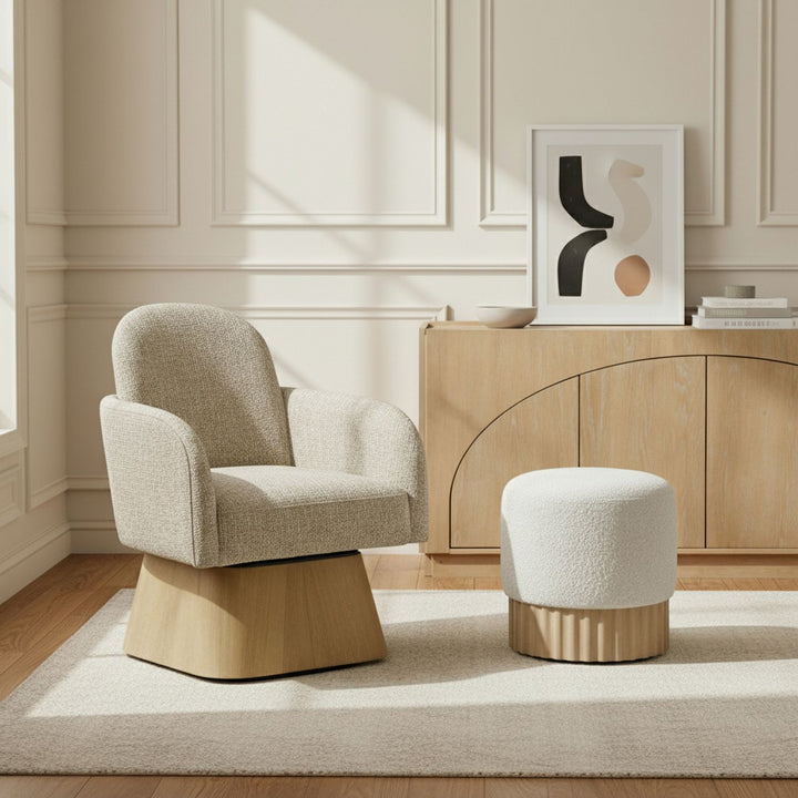 Marlowe Linen Textured Fabric Upholstered Swivel Accent Chair — Beige / Stained Natural
