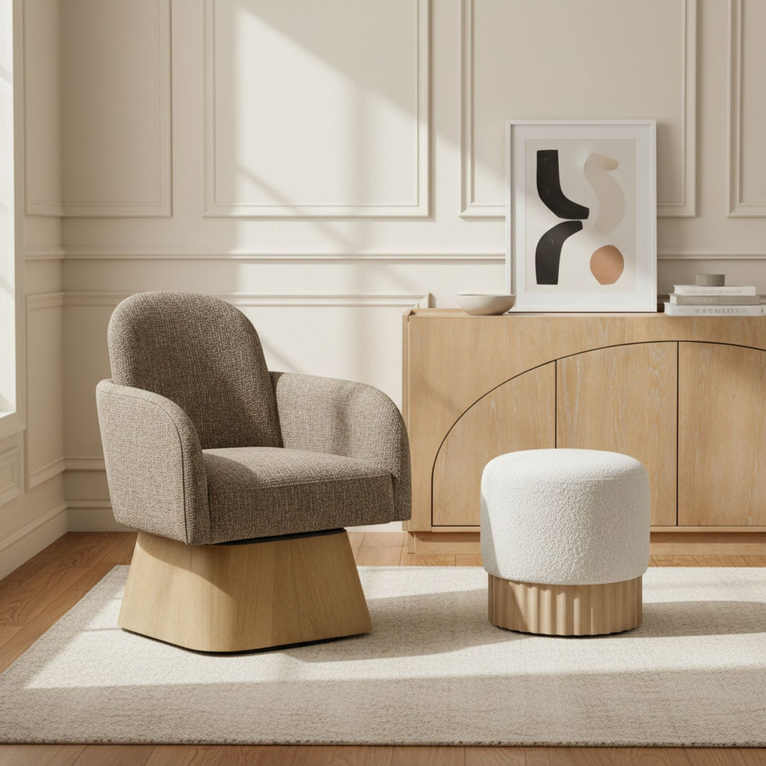 Marlowe Linen Textured Fabric Upholstered Swivel Accent Chair — Brown / Stained Natural