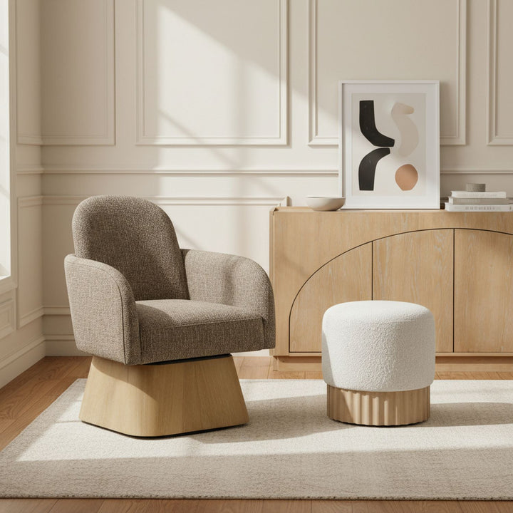 Marlowe Linen Textured Fabric Upholstered Swivel Accent Chair — Brown / Stained Natural