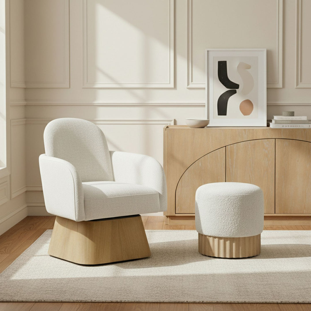 Marlowe Linen Textured Fabric Upholstered Swivel Accent Chair — Cream / Stained Natural