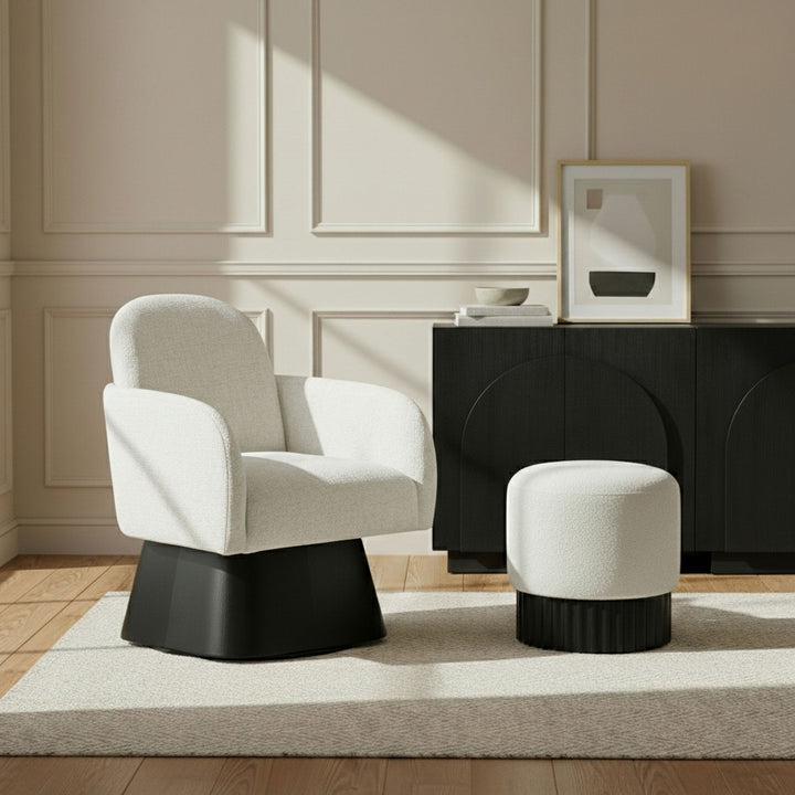 Marlowe Linen Textured Fabric Upholstered Swivel Accent Chair — Cream / Stained Black