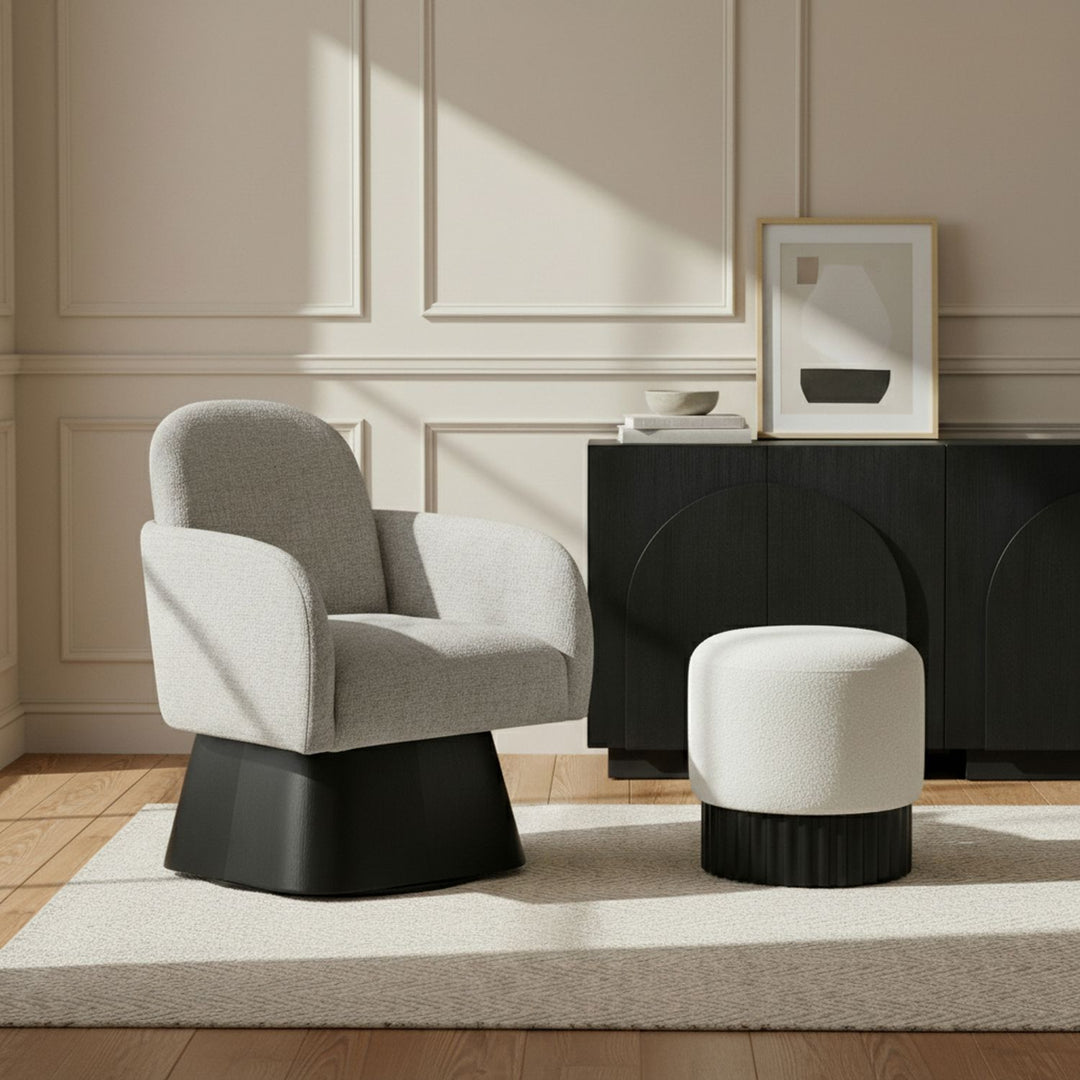 Marlowe Linen Textured Fabric Upholstered Swivel Accent Chair — Grey / Stained Black