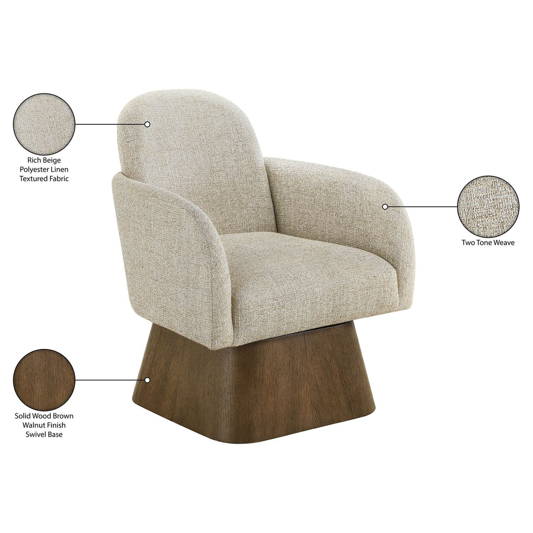 Marlowe Linen Textured Fabric Upholstered Swivel Accent Chair — Beige / Stained Brown