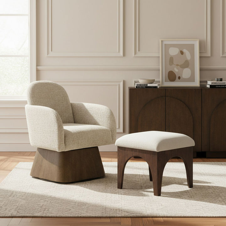 Marlowe Linen Textured Fabric Upholstered Swivel Accent Chair — Beige / Stained Brown