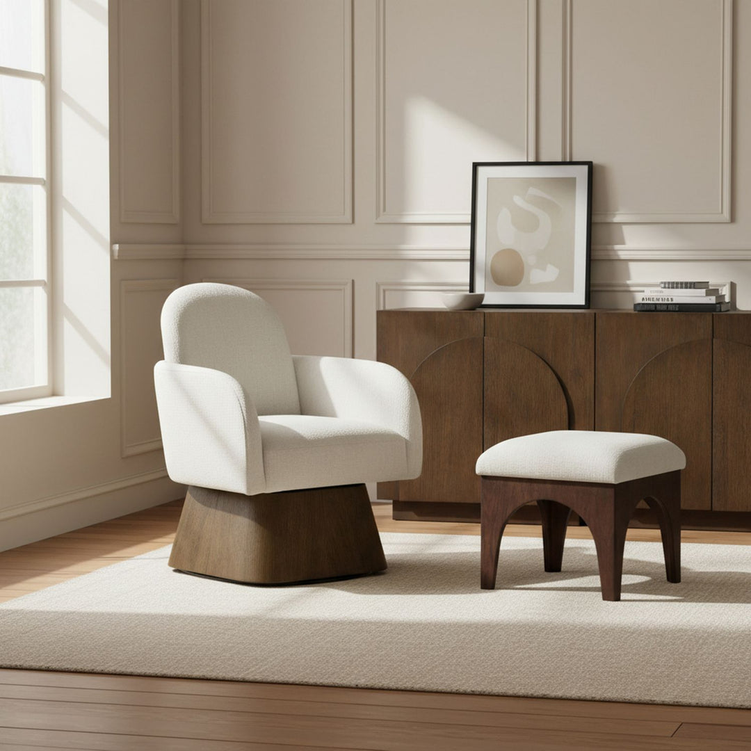 Marlowe Linen Textured Fabric Upholstered Swivel Accent Chair — Cream / Stained Brown