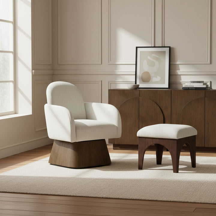 Marlowe Linen Textured Fabric Upholstered Swivel Accent Chair — Cream / Stained Brown