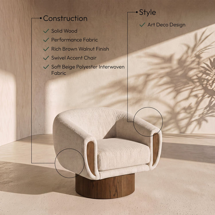 Avella Interwoven Fabric Upholstered Swivel Accent Chair — Beige / Stained Brown