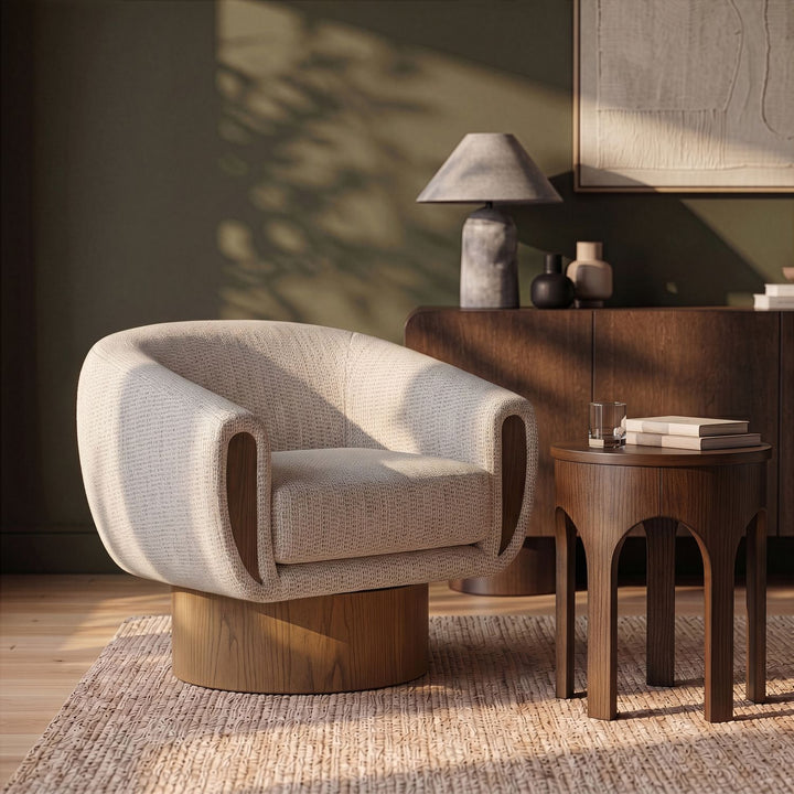 Avella Interwoven Fabric Upholstered Swivel Accent Chair — Beige / Stained Brown
