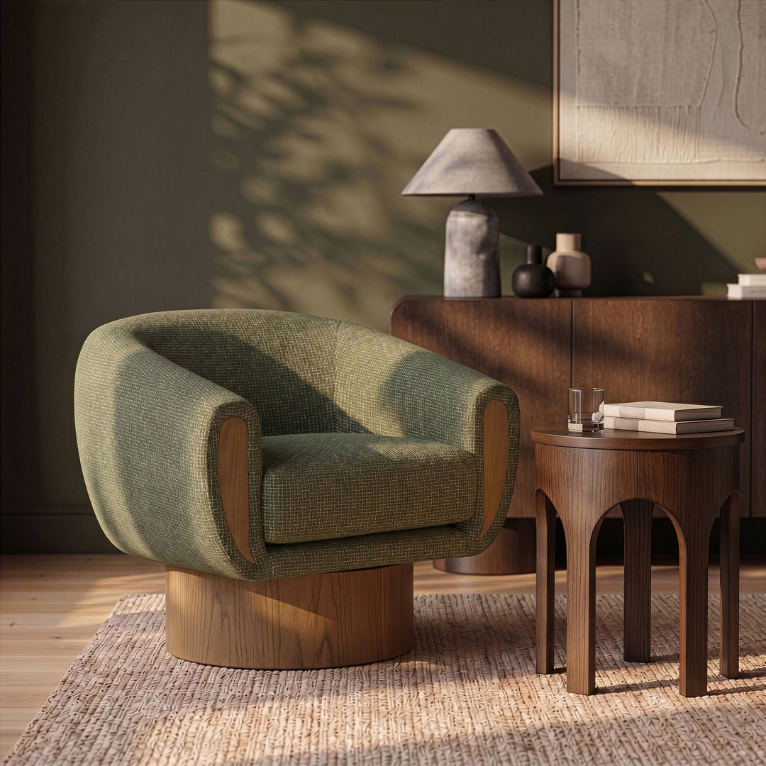 Avella Interwoven Fabric Upholstered Swivel Accent Chair — Green / Stained Brown