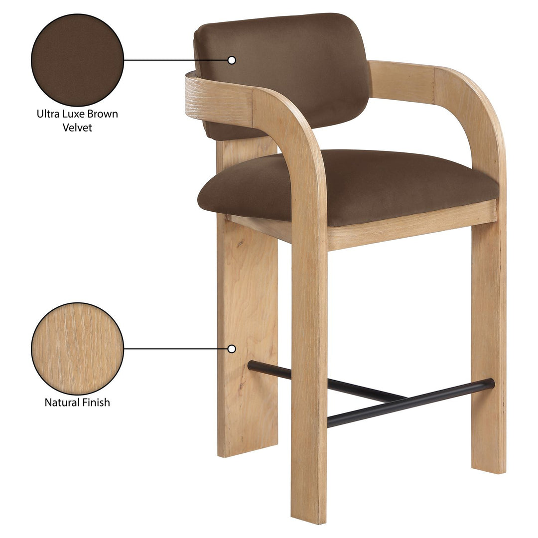 Cedra Velvet Performance Fabric Upholstered Counter Stool — Brown / Stained Natural / Matte Black