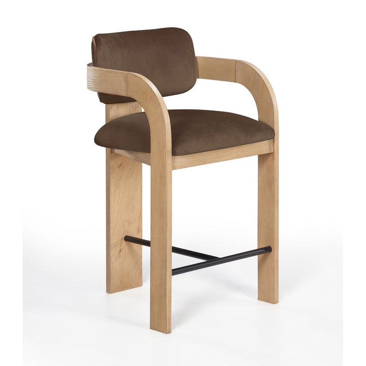 Cedra Velvet Performance Fabric Upholstered Counter Stool — Brown / Stained Natural / Matte Black