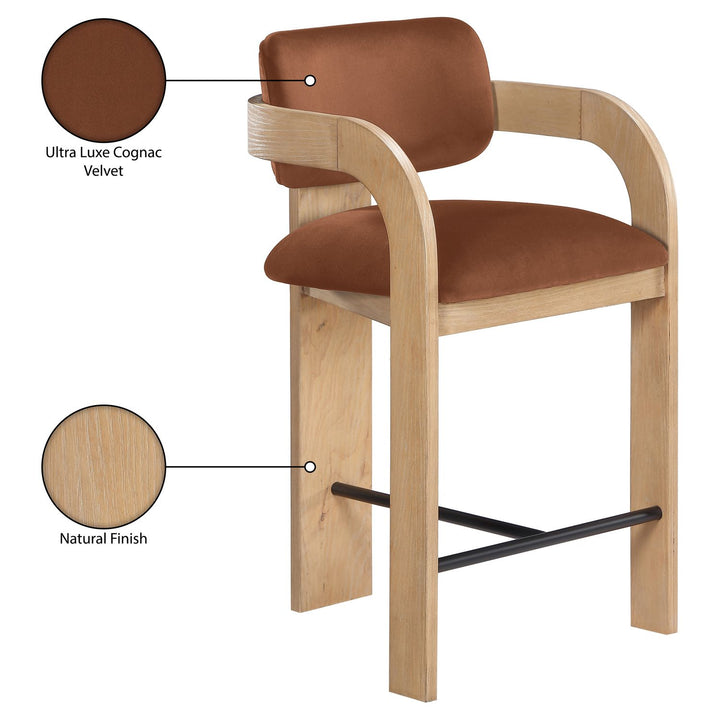 Cedra Velvet Performance Fabric Upholstered Counter Stool — Cognac / Stained Natural / Matte Black
