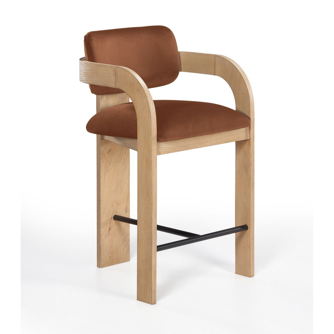Cedra Velvet Performance Fabric Upholstered Counter Stool — Cognac / Stained Natural / Matte Black