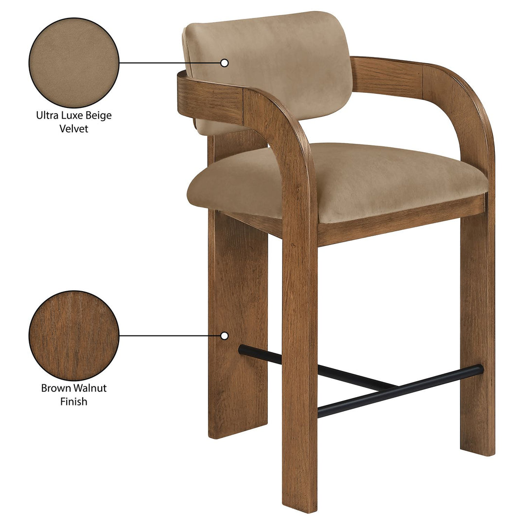 Cedra Velvet Performance Fabric Upholstered Counter Stool — Beige / Stained Brown / Matte Black