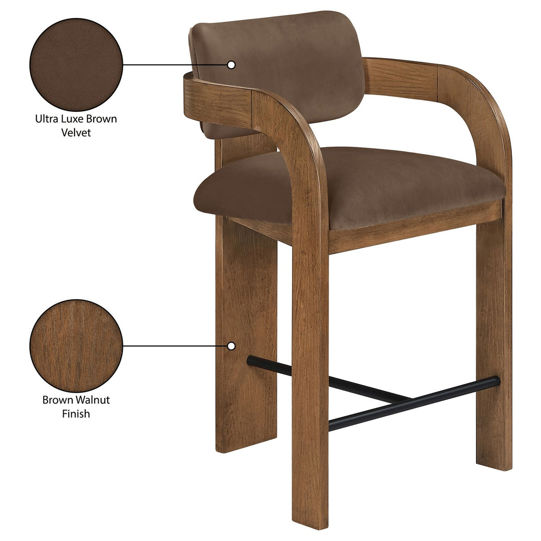 Cedra Velvet Performance Fabric Upholstered Counter Stool — Brown / Stained Brown / Matte Black