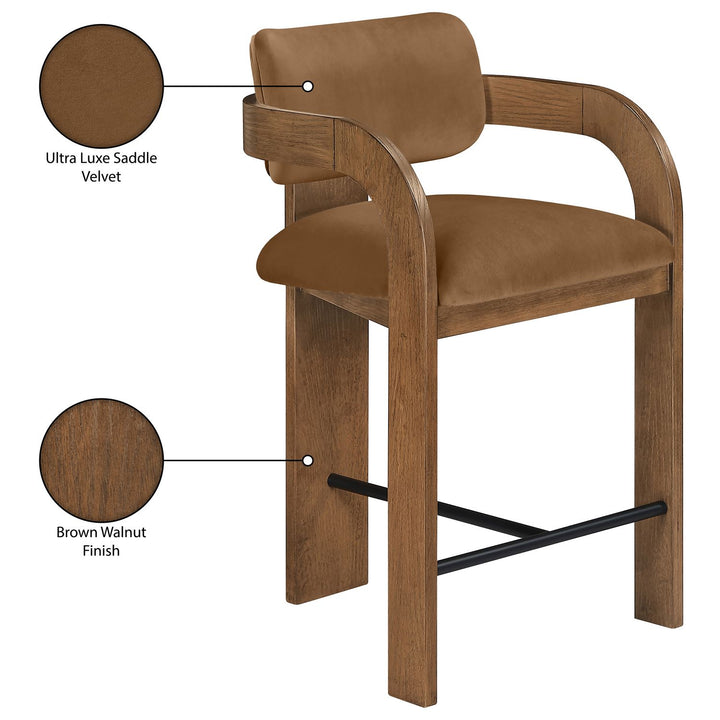 Cedra Velvet Performance Fabric Upholstered Counter Stool — Saddle / Stained Brown / Matte Black
