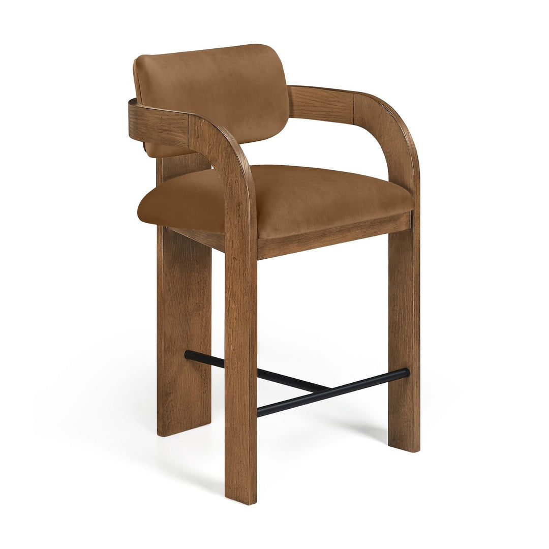 Cedra Velvet Performance Fabric Upholstered Counter Stool — Saddle / Stained Brown / Matte Black