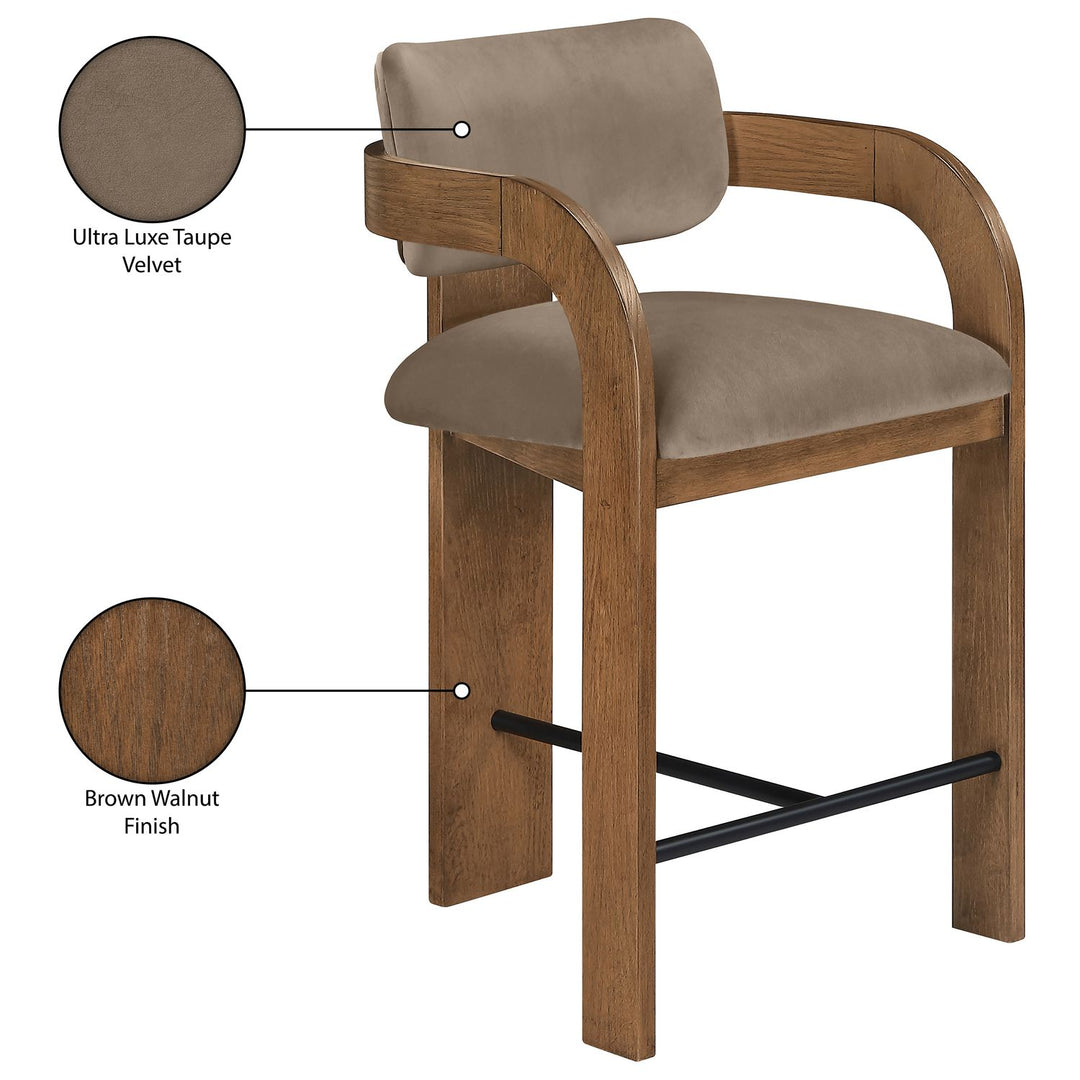 Cedra Velvet Performance Fabric Upholstered Counter Stool — Taupe / Stained Brown / Matte Black