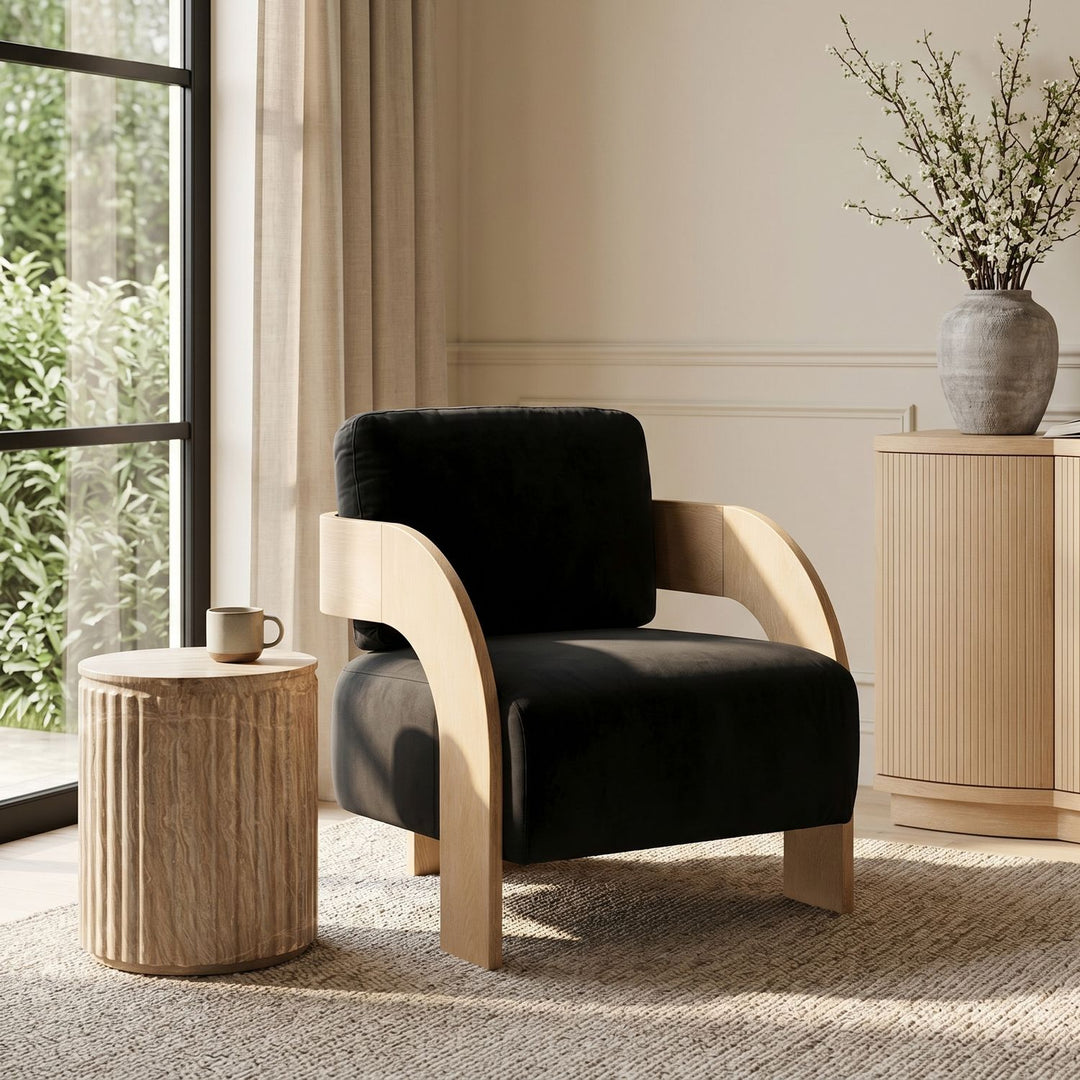 Cedra Velvet Performance Fabric Upholstered Accent Chair — Black / Stained Natural