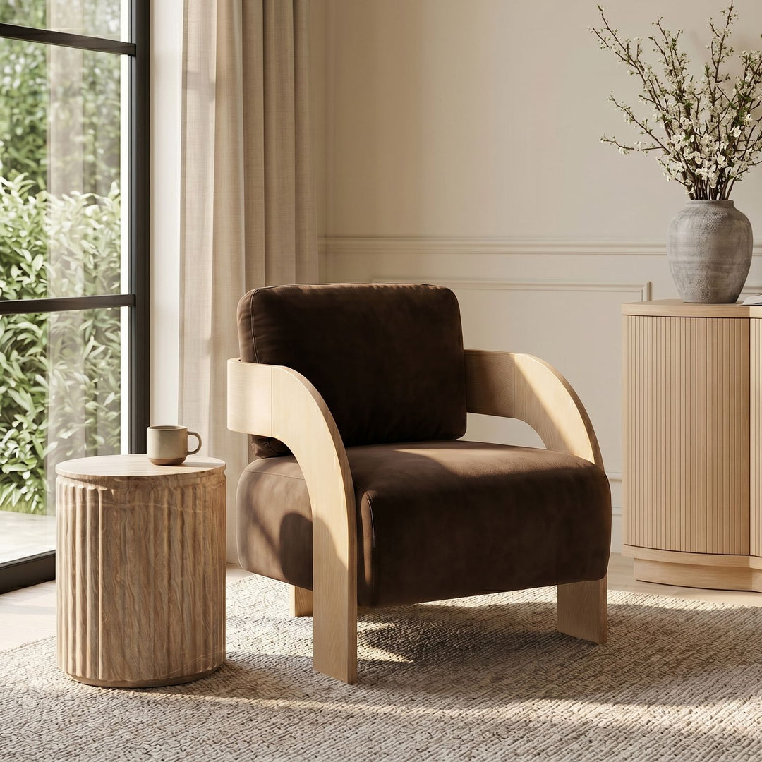 Cedra Velvet Performance Fabric Upholstered Accent Chair — Brown / Stained Natural