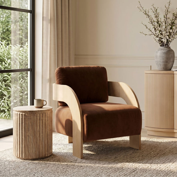 Cedra Velvet Performance Fabric Upholstered Accent Chair — Cognac / Stained Natural