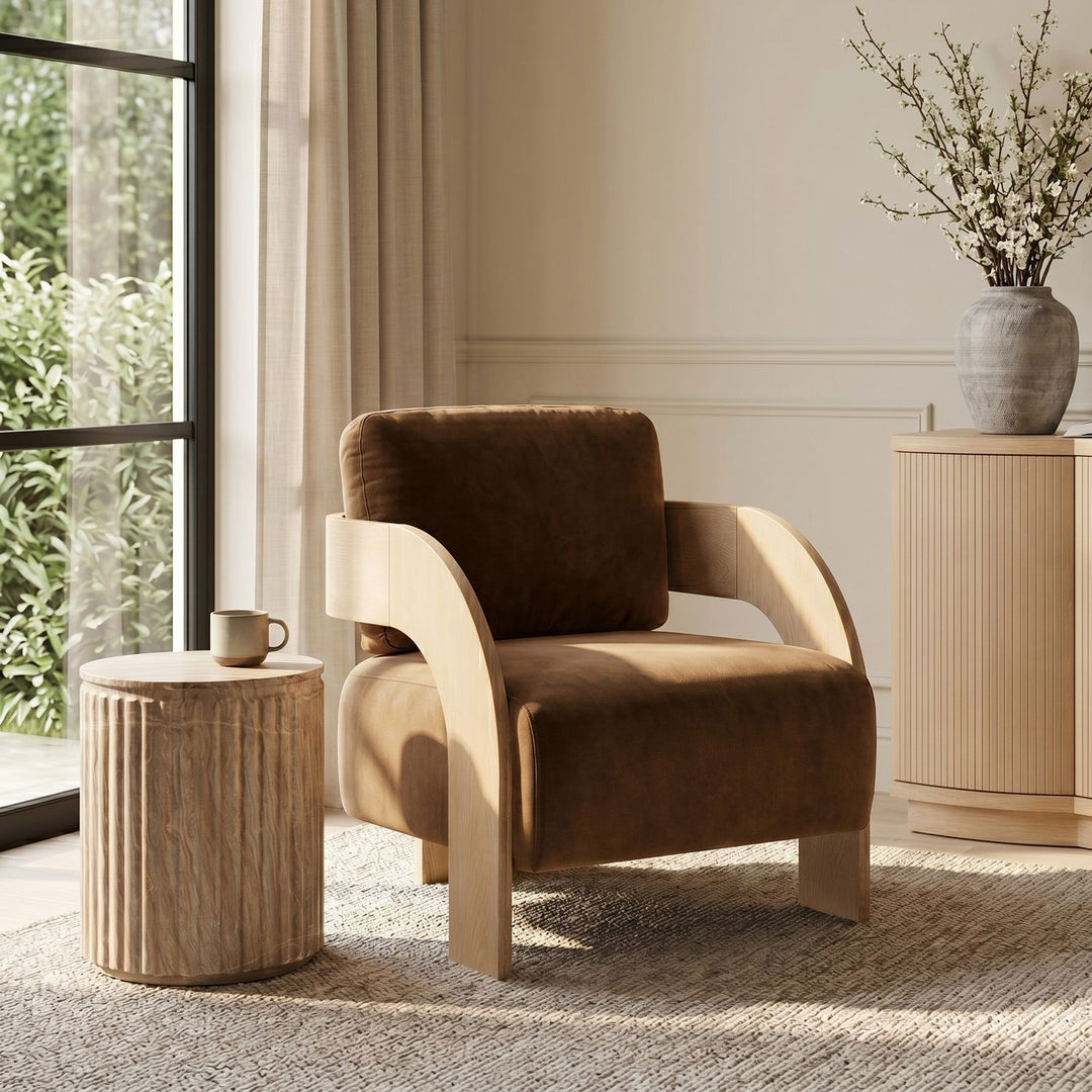 Cedra Velvet Performance Fabric Upholstered Accent Chair — Saddle / Stained Natural